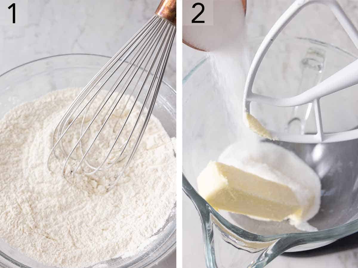 Set of two photos showing dry ingredients whisked together and sugar added to butter in a mixer.