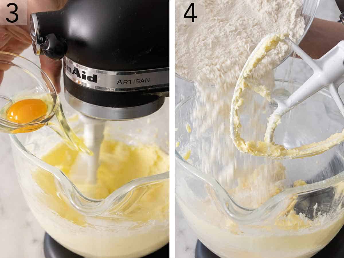 Set of two photos showing egg and flour added to the batter.