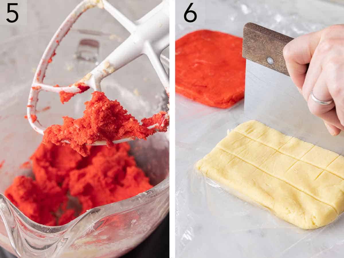 Set of two photo showing red food coloring added to dough. Dough then cut.