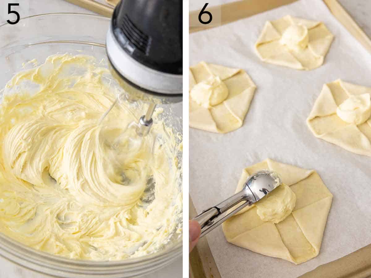 Set of two photos showing the filling mixed and added to the puff pastry.