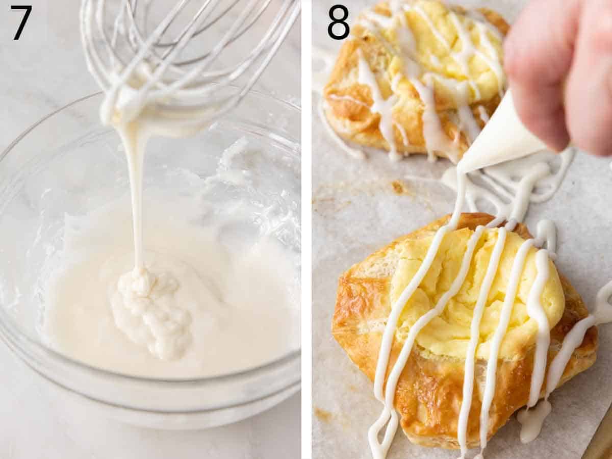 Set of two photos showing the glaze whisked and drizzled on top of the danish.