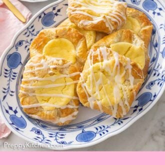 Pinterest graphic of a platter of cheese danishes, some with a drizzle on top.
