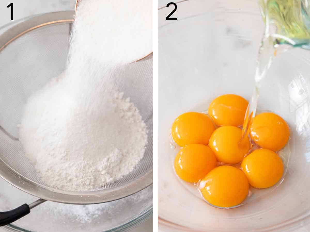 Set of two photos showing dry ingredients sifted and oil added to egg yolks.
