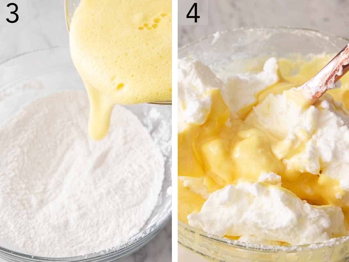 Set of two photos showing wet ingredients added to the dry, then folded into egg whites.