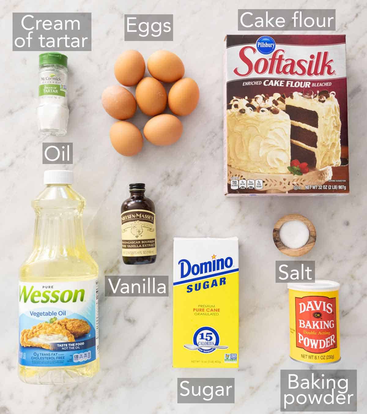 Ingredients needed to make chiffon cake.