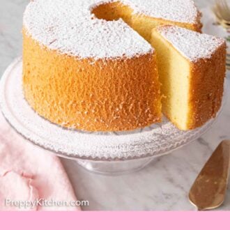 Pinterest graphic of a cake stand with a chiffon cake dusted with powdered sugar.