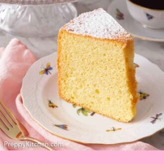 Pinterest graphic of a slice of chiffon cake on a plate.