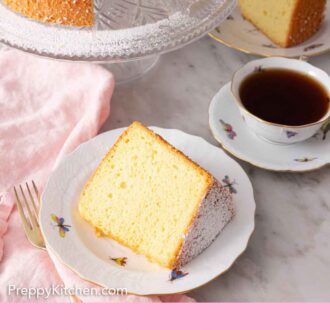 Pinterest graphic of a slice of chiffon cake in front of a cup of coffee.