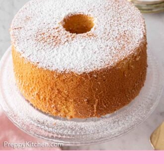 Pinterest graphic of a whole chiffon cake with powdered sugar dusted on top.