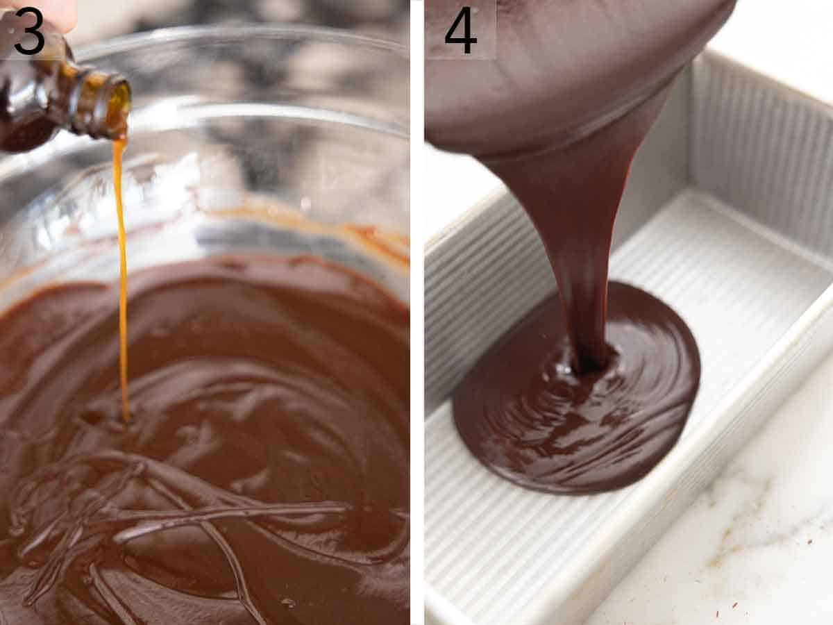 Set of two photos showing vanilla extract added to chocolate and then transferred to a loaf pan.