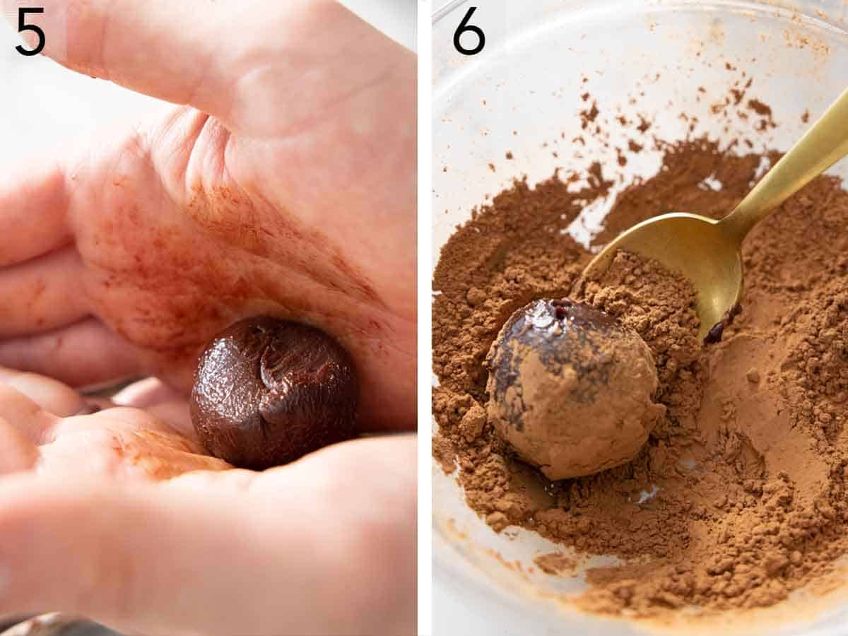 Set of two photos showing chocolate rolled and coated in cocoa.