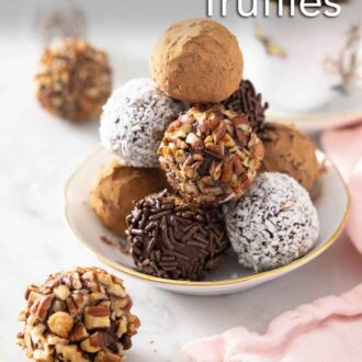 Pinterest graphic of a plateful of chocolate truffles with some in front.