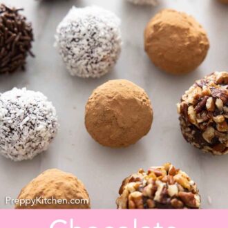 Pinterest graphic of rows of chocolate truffles with assorted coatings.