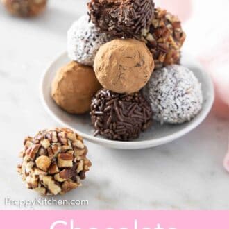 Pinterest graphic of a plate with a stack of chocolate truffles with one in front.