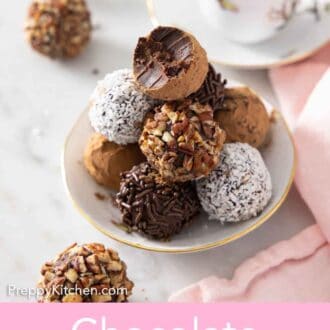 Pinterest graphic of a plateful of chocolate truffles, a bite taken out of the top one.