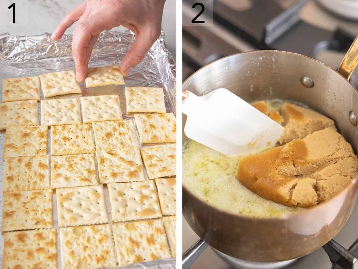 Set of two photos showing crackers added to a sheet pan then sugar and butter melted.