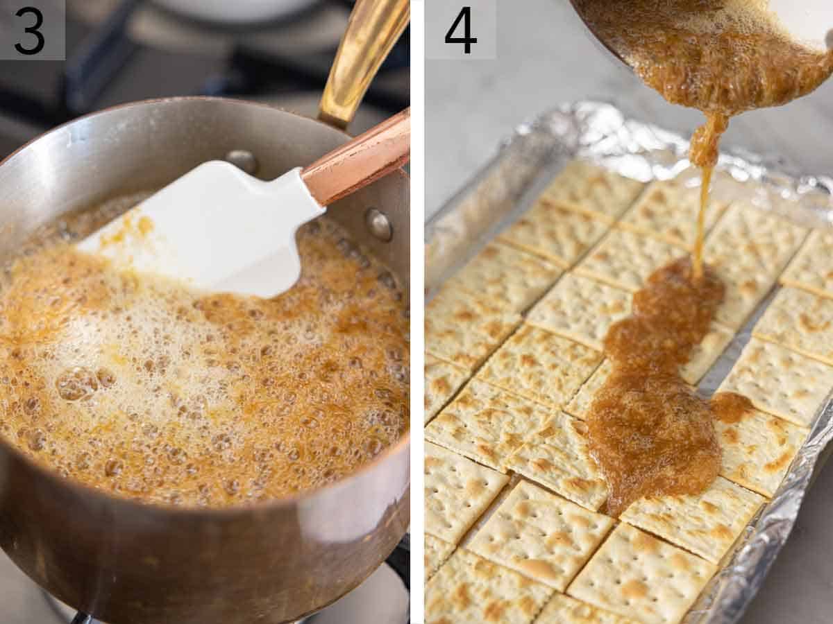 Set of two photos showing the caramel bubbling and poured over crackers.