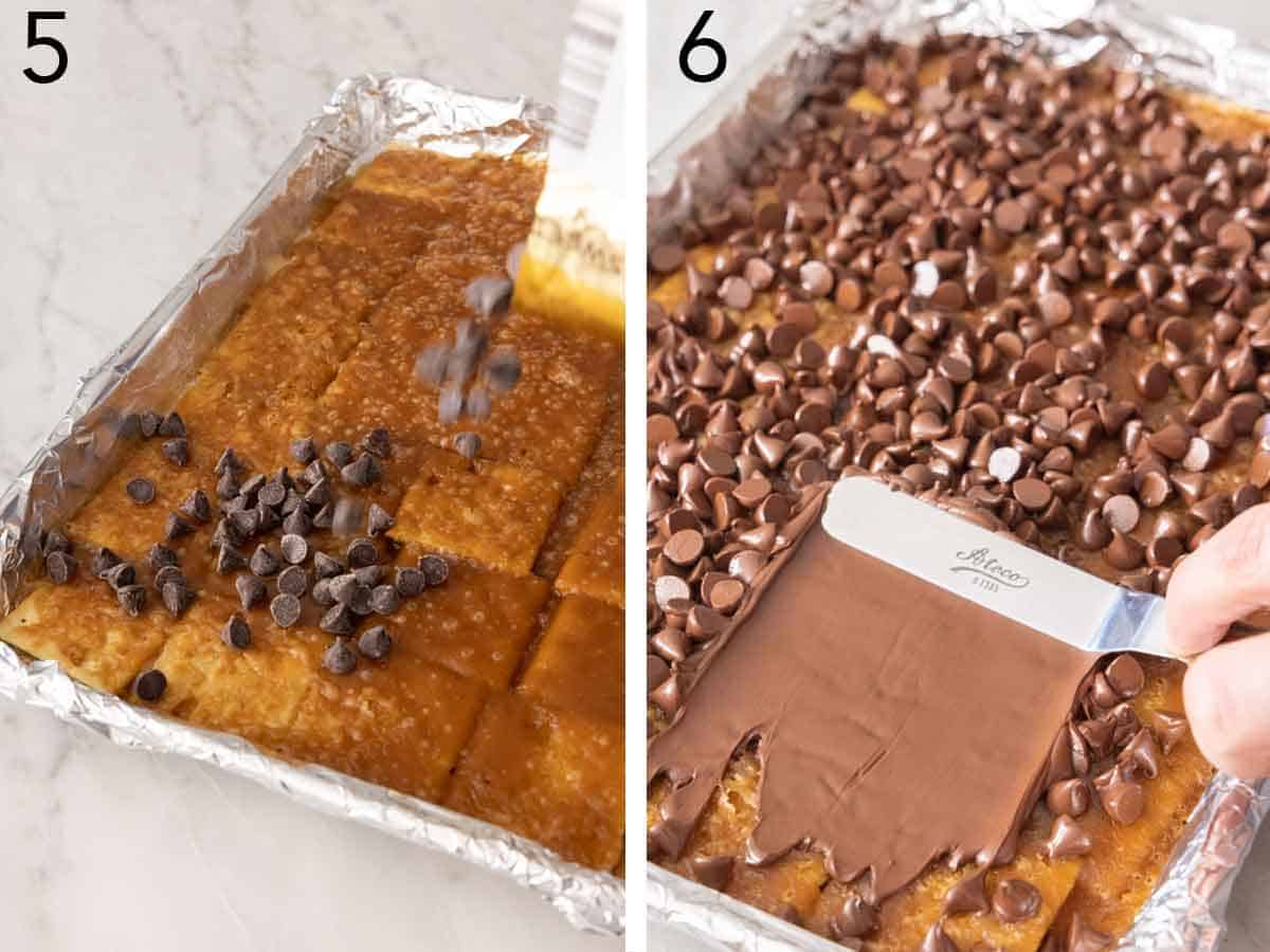 Set of two photos showing chocolate chips added to the baked crackers and then spread over top.