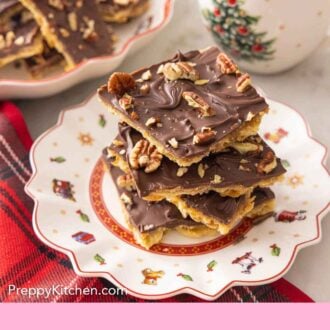 Pinterest graphic of a plate with stacked cracker candy.