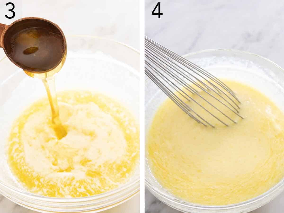 Set of two photos of wet ingredients added to a bowl and whisked together.