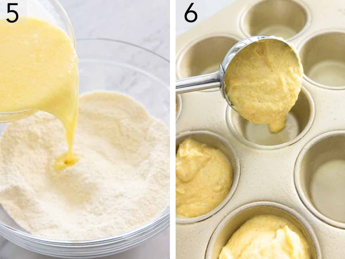 Set of two photos showing wet ingredients added to dry and batter scooped into the muffin tin.