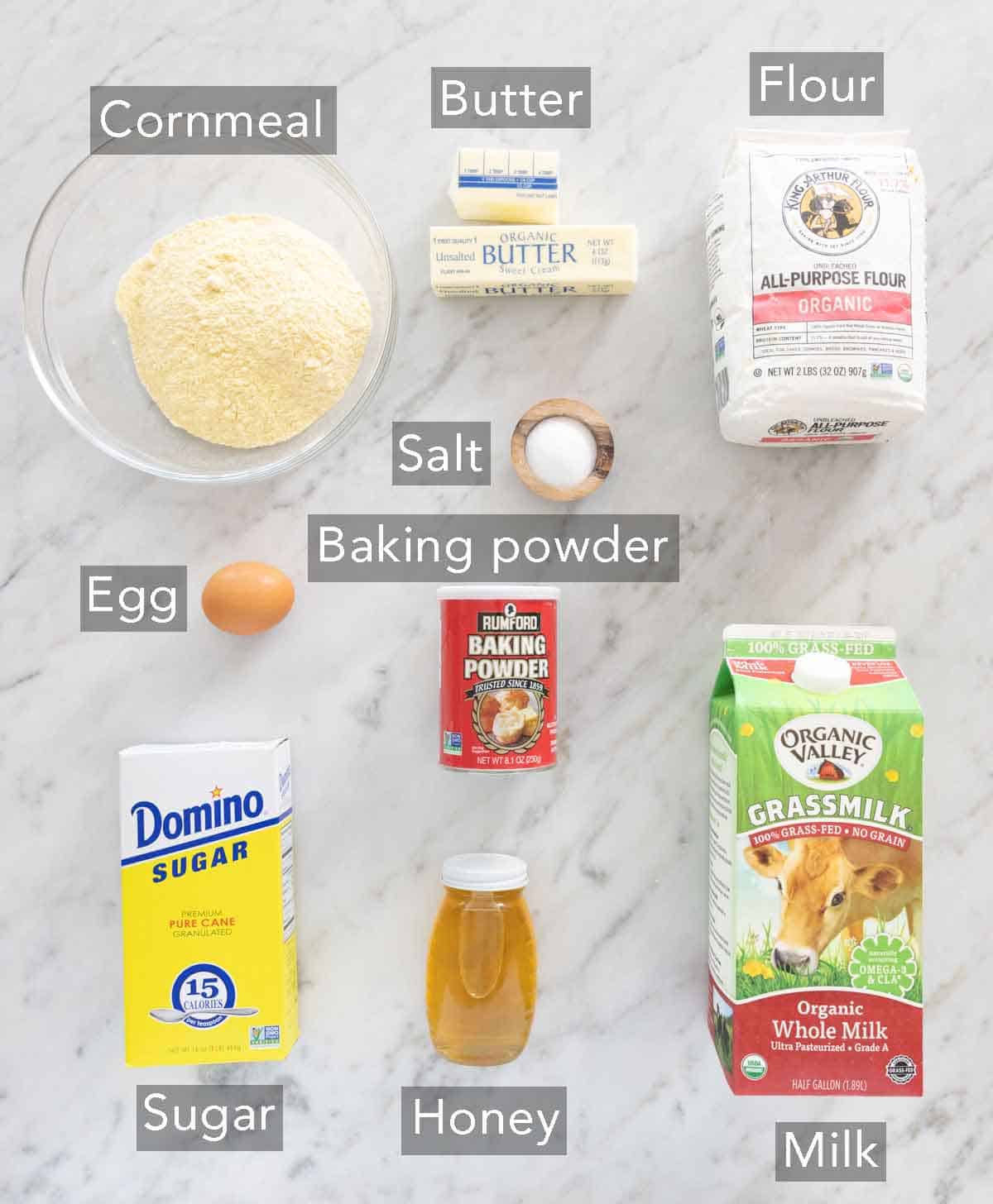 Ingredients needed to make cornbread muffins.