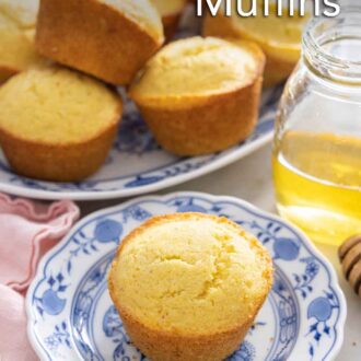 Pinterest graphic of a cornbread muffin on a plate in front of a platter.