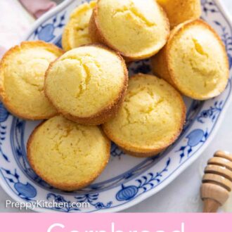 Pinterest graphic of a platter of cornbread muffins.