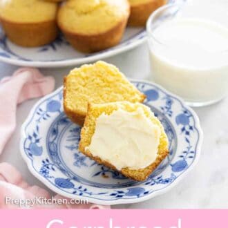 Pinterest graphic of a cornbread muffin on a plate, cut in half with butter spread.