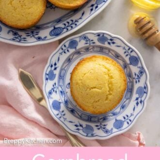Pinterest graphic of an overhead view of a plate with a cornbread muffin beside a platter.