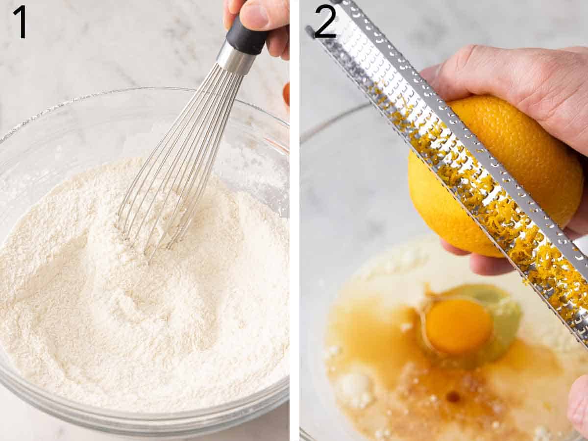 Set of two photos showing dry ingredients whisked and orange zested into wet ingredients.
