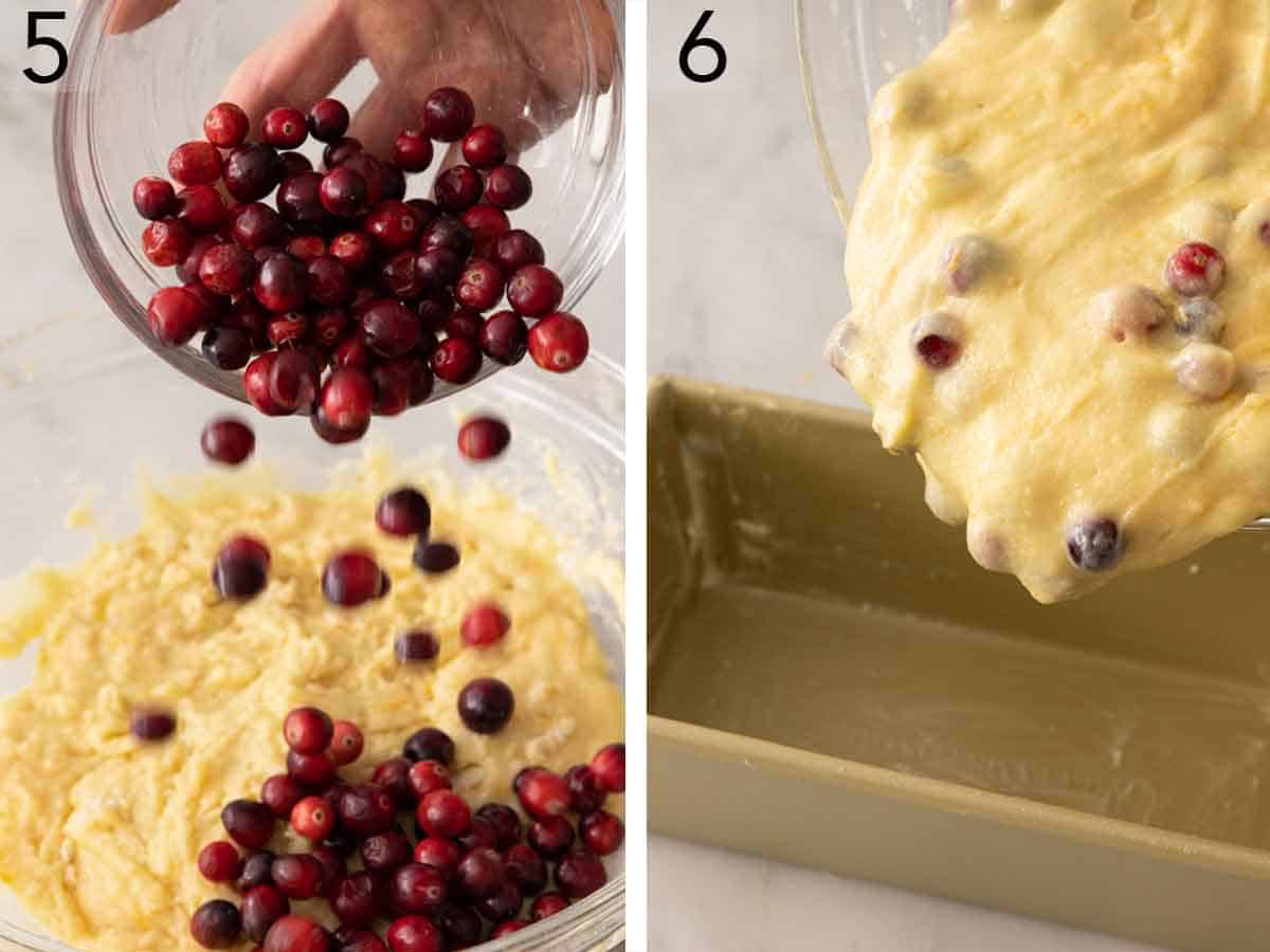 Set of two photos showing cranberries added to the batter and poured into a pan.