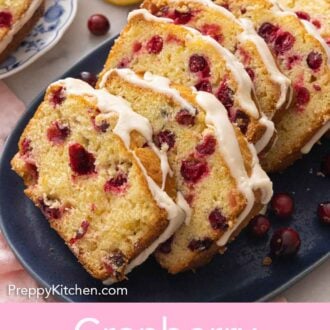 Pinterest graphic of a platter with multiple slices of cranberry orange bread.