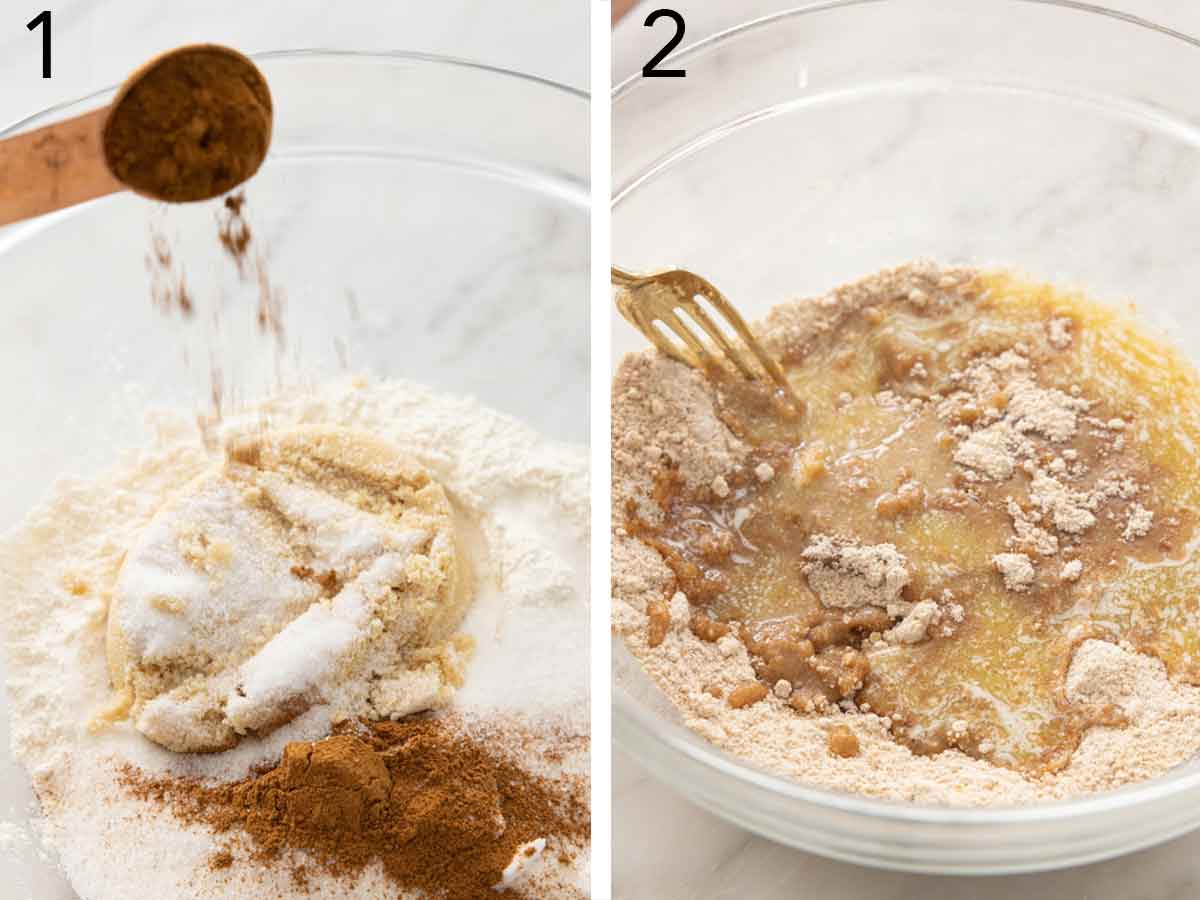 Set of two photos showing dry ingredients added to a bowl and mixed.