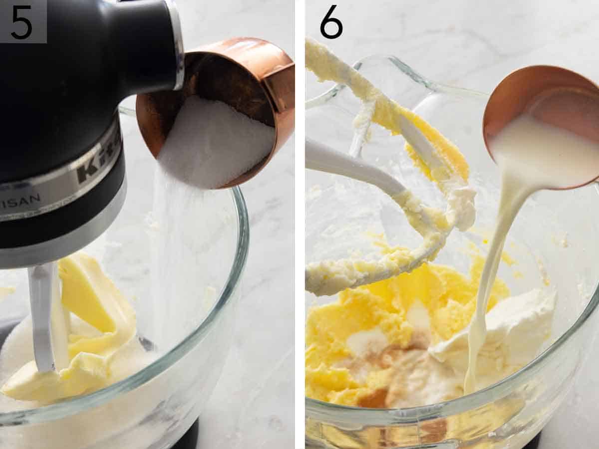 Set of two photos showing sugar added to butter and then milk added.