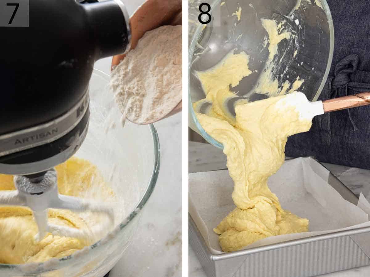 Set of two showing flour added to the batter before transferred to a cake pan.