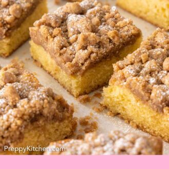 Pinterest graphic of pieces of crumb cake.