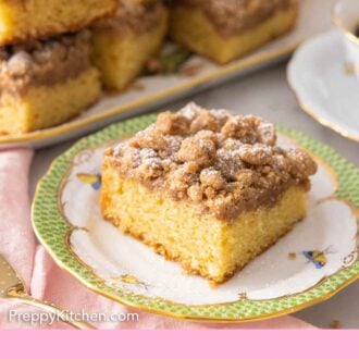 Pinterest graphic of a plate of a serving of crumb cake.