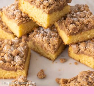 Pinterest graphic of a stack of crumb cake.