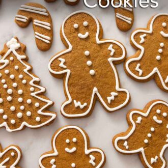 Pinterest graphic of multiple decorated gingerbread cookies.
