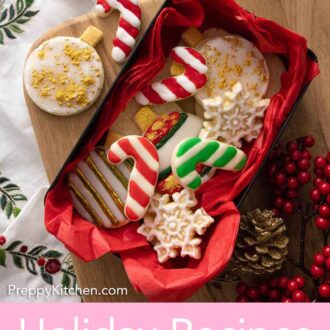 Pinterest graphic of a cookie box with peppermint cookies.