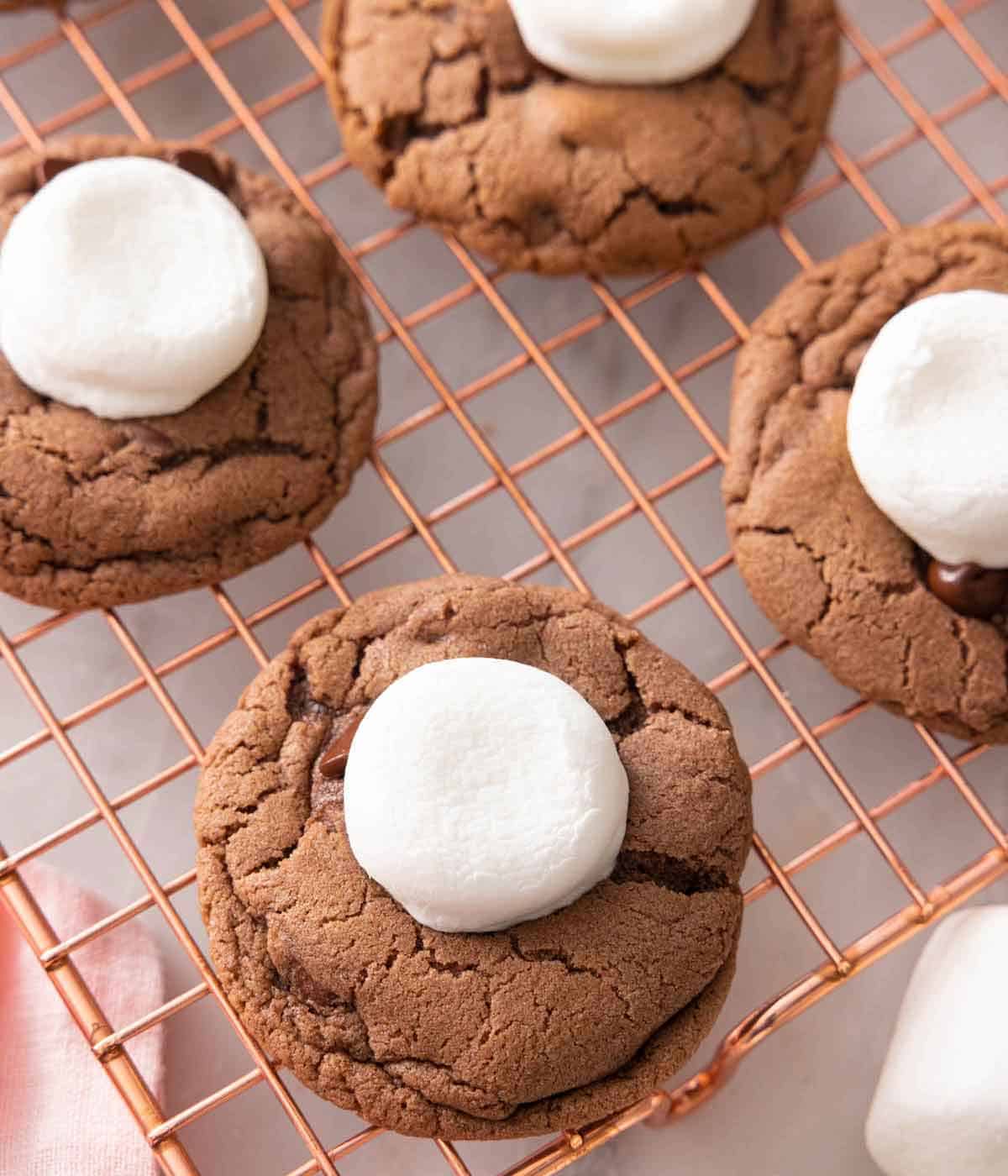 A cooling rack with multiple hot chocolate cookies.