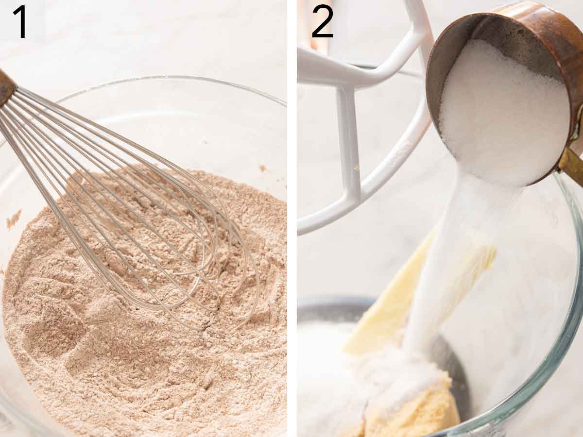 Set of two photos showing dry ingredients whisked and sugar added to butter in a mixer.