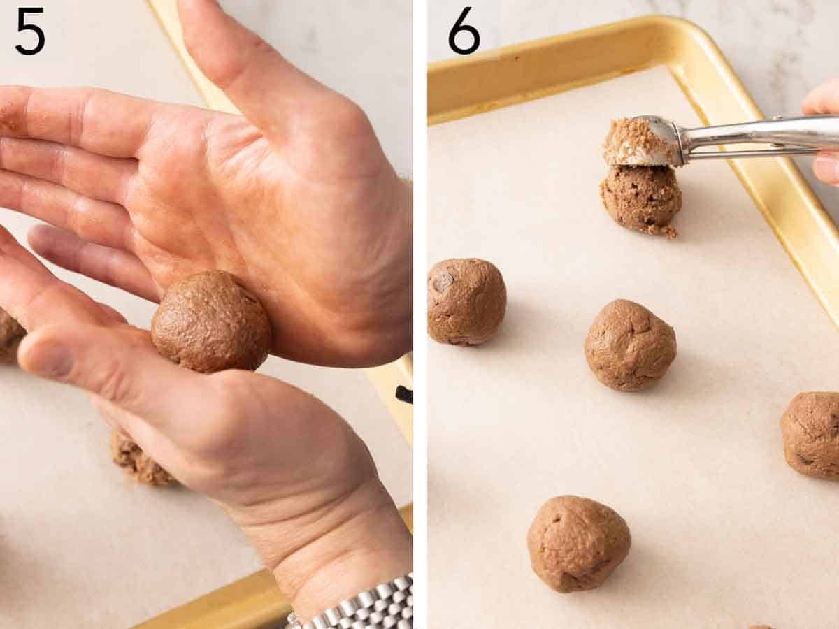 Set of two photos showing dough being rolled and scooped onto a sheet pan.
