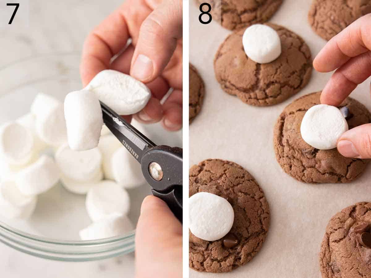 Set of two photos showing marshmallows cut in half and placed on top of cookies.
