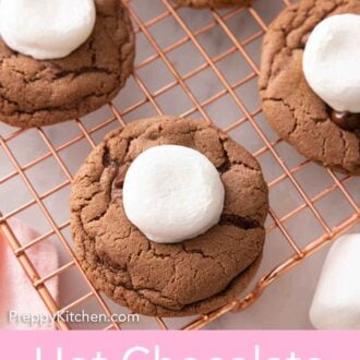 Pinterest graphic of a cooling rack with multiple hot chocolate cookies.