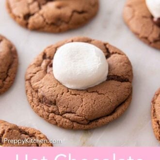 Pinterest graphic of hot chocolate cookies on a counter.