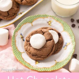Pinterest graphic of a plate with two hot chocolate cookies by a glass of milk.