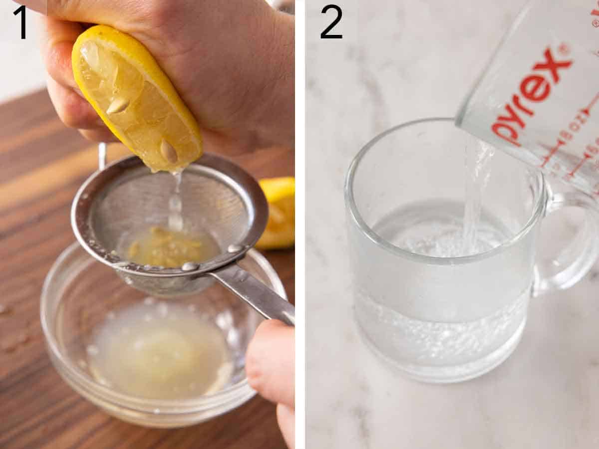 Set of two photos showing a lemon juices and hot water added to the glass.