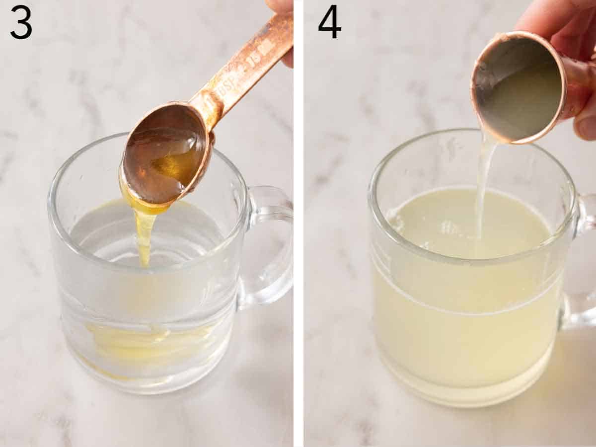 Set of two photos showing honey and lemon juice added to a glass.